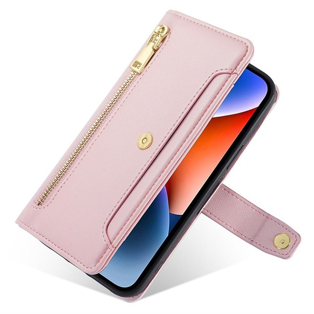 For Samsung Galaxy F06 5G Leather Case Zipper Pocket Wallet Phone Cover with 2 Straps - Pink