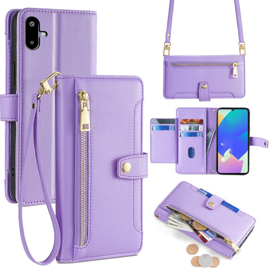 For Samsung Galaxy F06 5G Leather Case Zipper Pocket Wallet Phone Cover with 2 Straps - Purple