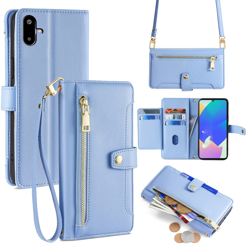 For Samsung Galaxy F06 5G Leather Case Zipper Pocket Wallet Phone Cover with 2 Straps - Blue