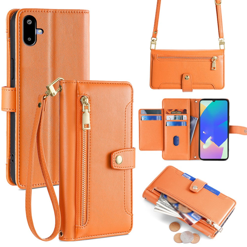 For Samsung Galaxy F06 5G Leather Case Zipper Pocket Wallet Phone Cover with 2 Straps - Orange
