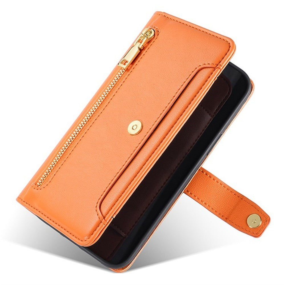 For Samsung Galaxy F06 5G Leather Case Zipper Pocket Wallet Phone Cover with 2 Straps - Orange