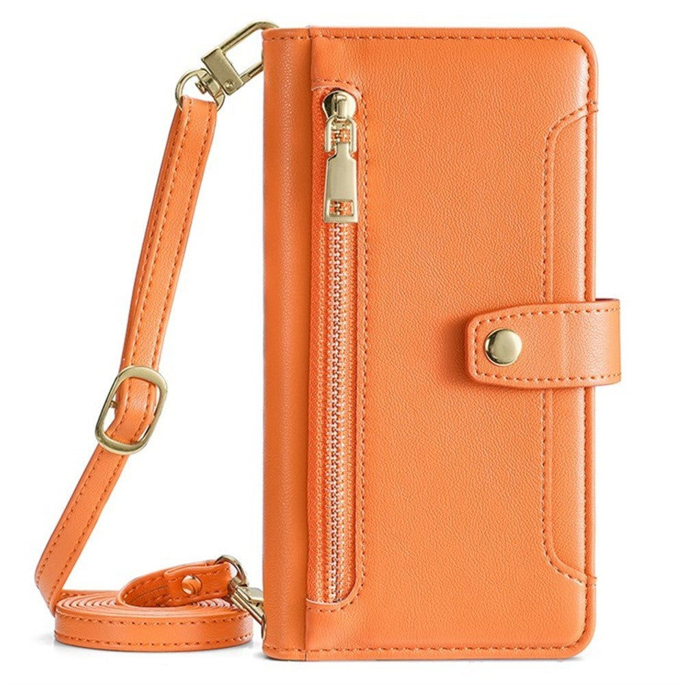 For Samsung Galaxy F06 5G Leather Case Zipper Pocket Wallet Phone Cover with 2 Straps - Orange