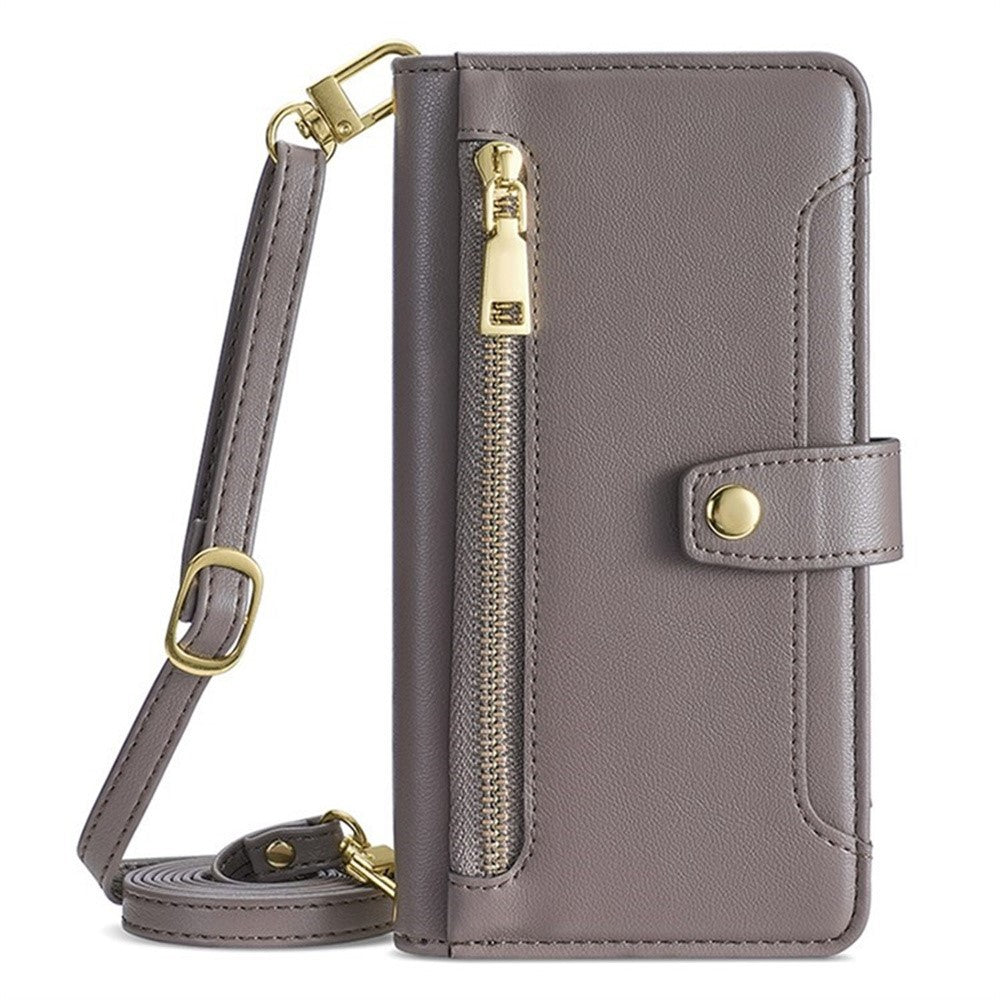 For Samsung Galaxy F06 5G Leather Case Zipper Pocket Wallet Phone Cover with 2 Straps - Grey
