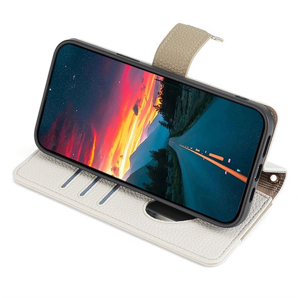 For Samsung Galaxy F06 5G Case Mirror Wallet Leather Phone Cover with Chain Shoulder Strap - White