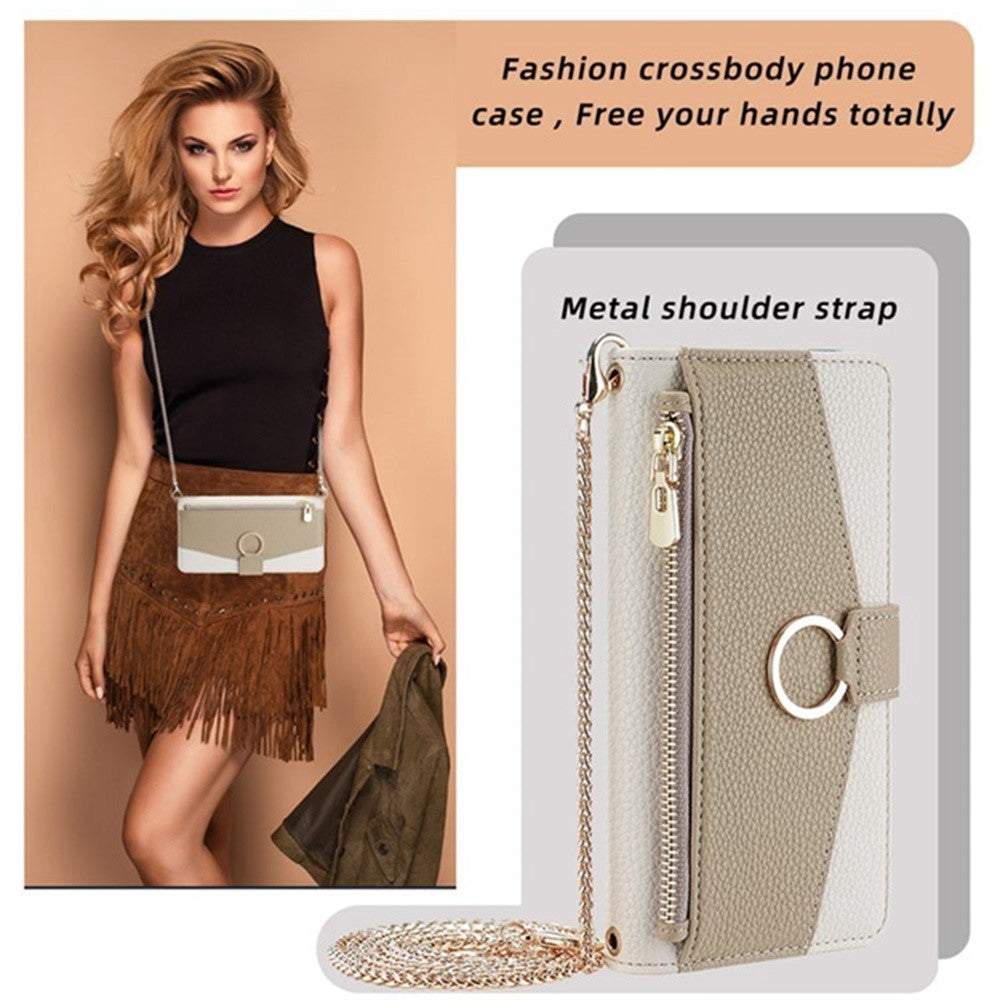 For Samsung Galaxy F06 5G Case Mirror Wallet Leather Phone Cover with Chain Shoulder Strap - White