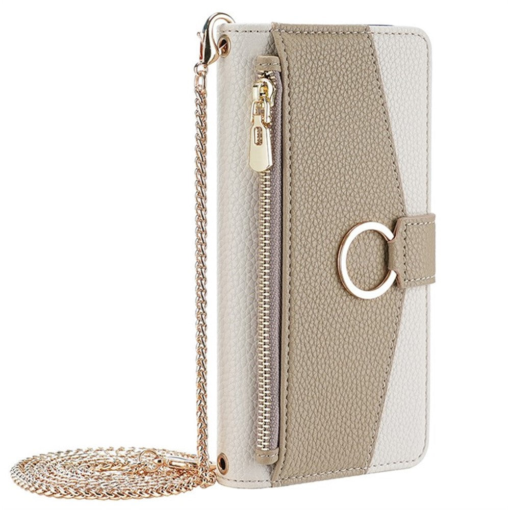 For Samsung Galaxy F06 5G Case Mirror Wallet Leather Phone Cover with Chain Shoulder Strap - White
