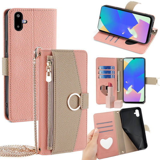 For Samsung Galaxy F06 5G Case Mirror Wallet Leather Phone Cover with Chain Shoulder Strap - Pink