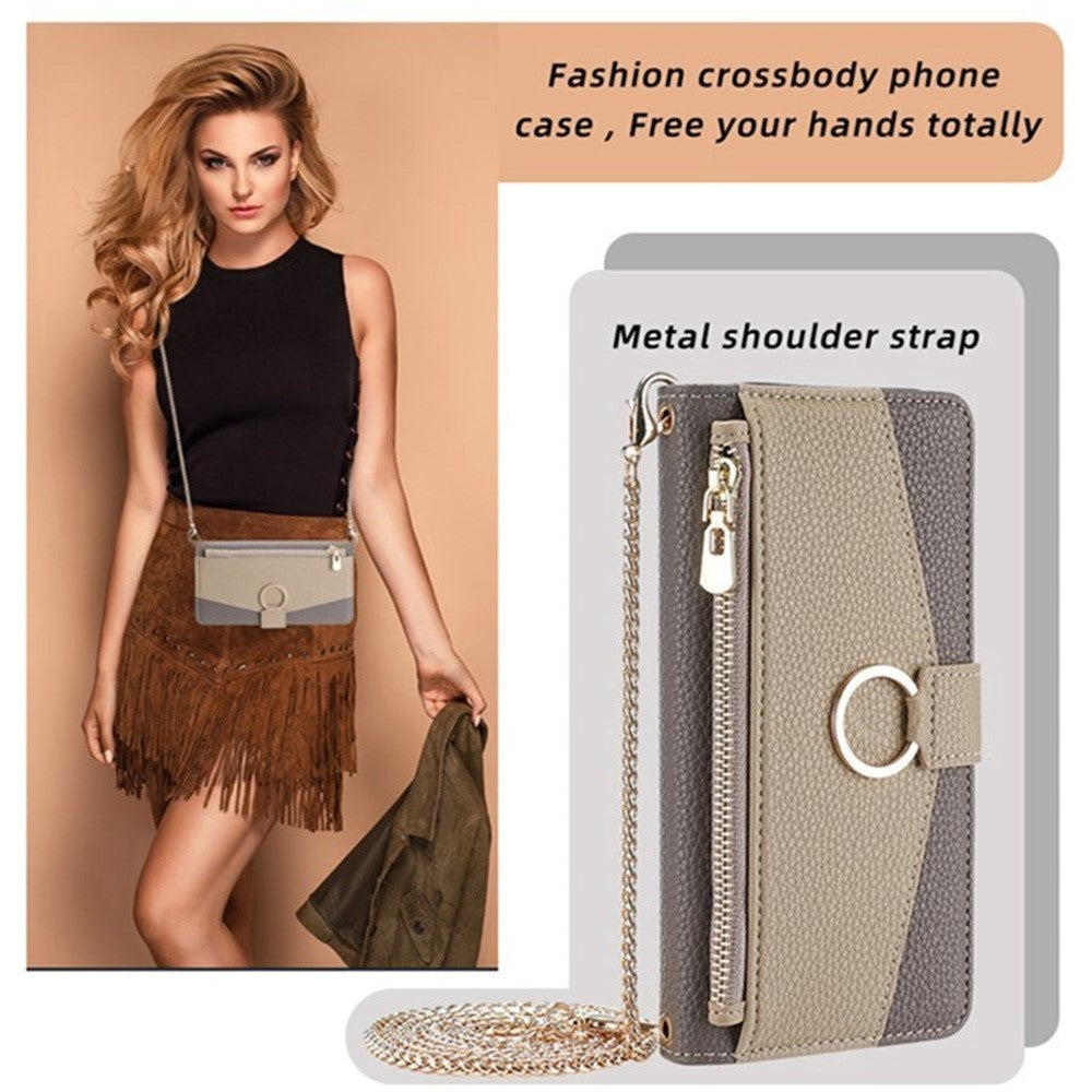For Samsung Galaxy F06 5G Case Mirror Wallet Leather Phone Cover with Chain Shoulder Strap - Grey