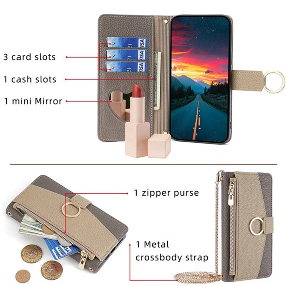 For Samsung Galaxy F06 5G Case Mirror Wallet Leather Phone Cover with Chain Shoulder Strap - Grey