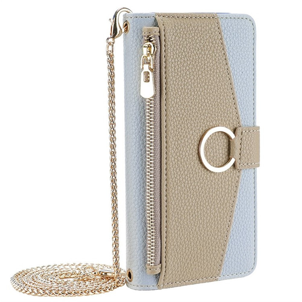 For Samsung Galaxy F06 5G Case Mirror Wallet Leather Phone Cover with Chain Shoulder Strap - Blue