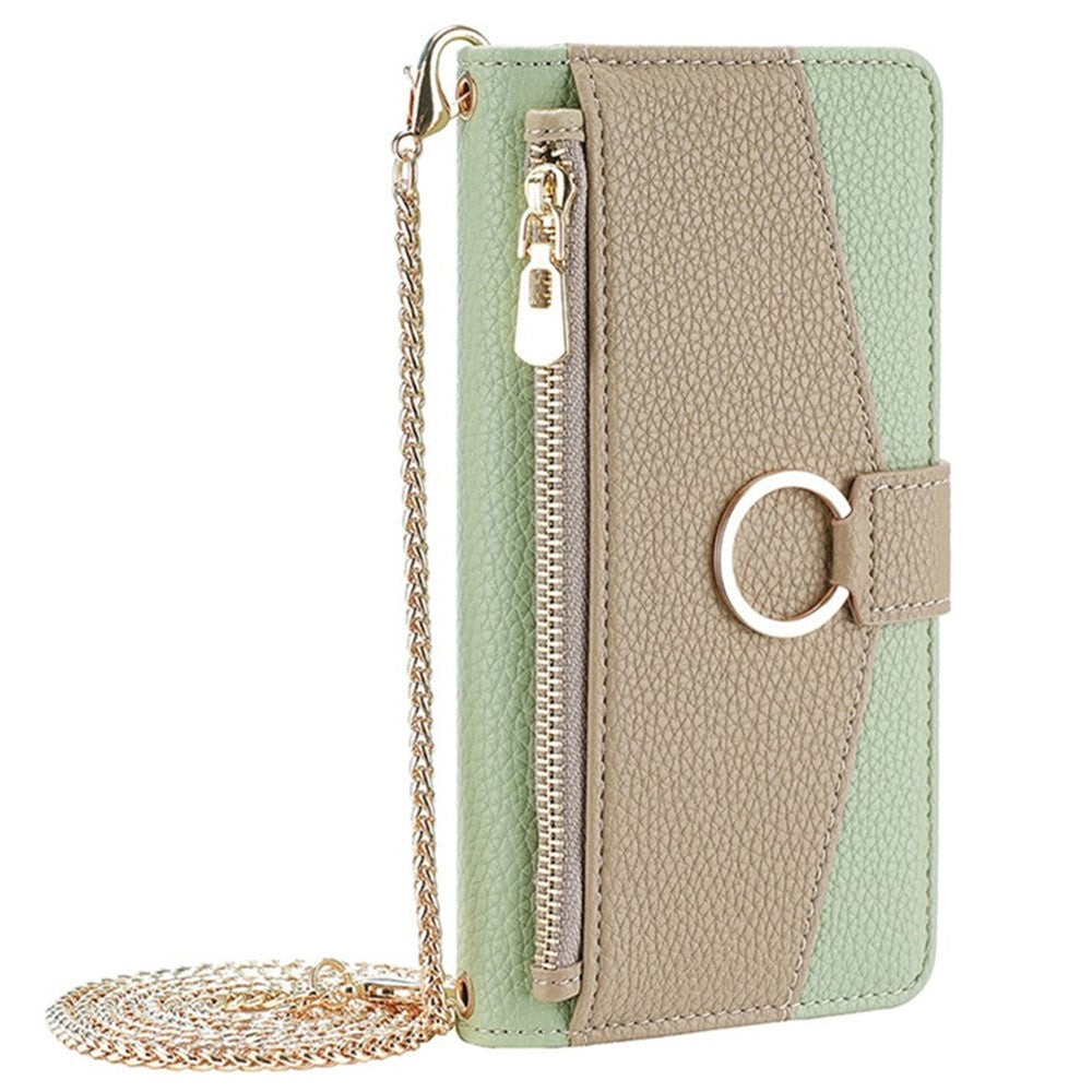 For Samsung Galaxy F06 5G Case Mirror Wallet Leather Phone Cover with Chain Shoulder Strap - Green