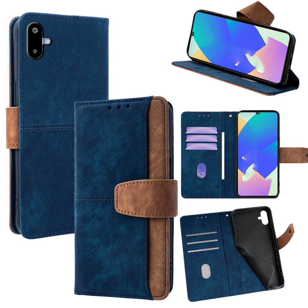 For Samsung Galaxy F06 5G Case RFID Blocking Color Splicing PU Leather Wallet Phone Cover - Blue