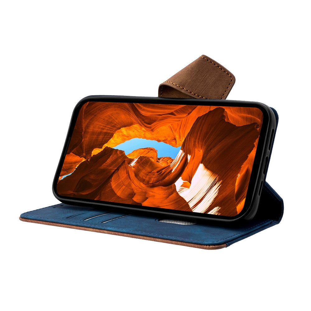 For Samsung Galaxy F06 5G Case RFID Blocking Color Splicing PU Leather Wallet Phone Cover - Blue