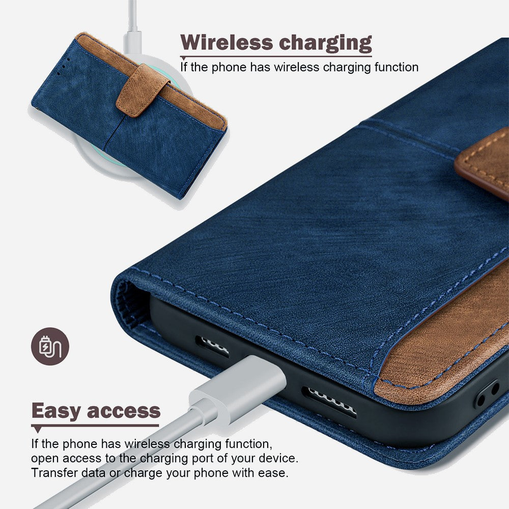 For Samsung Galaxy F06 5G Case RFID Blocking Color Splicing PU Leather Wallet Phone Cover - Blue