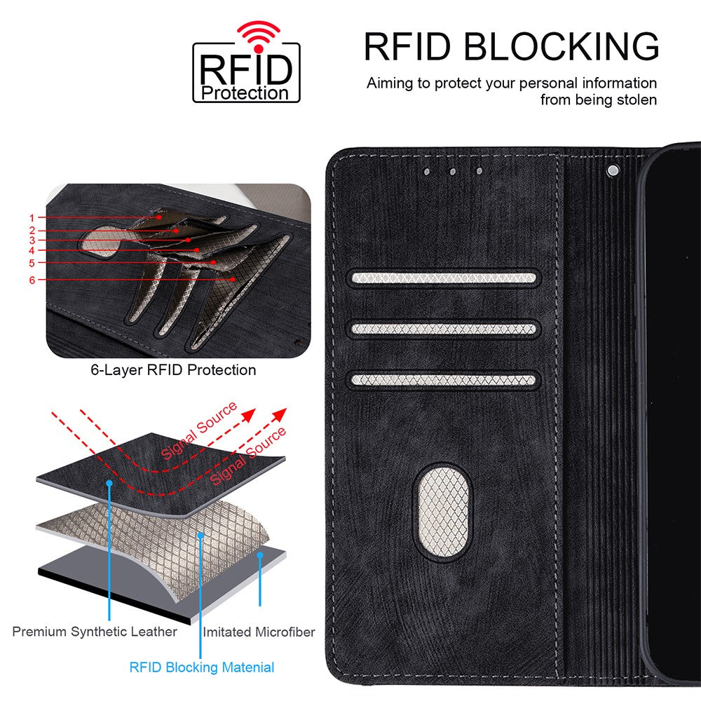 For Samsung Galaxy F06 5G Case RFID Blocking Color Splicing PU Leather Wallet Phone Cover - Black