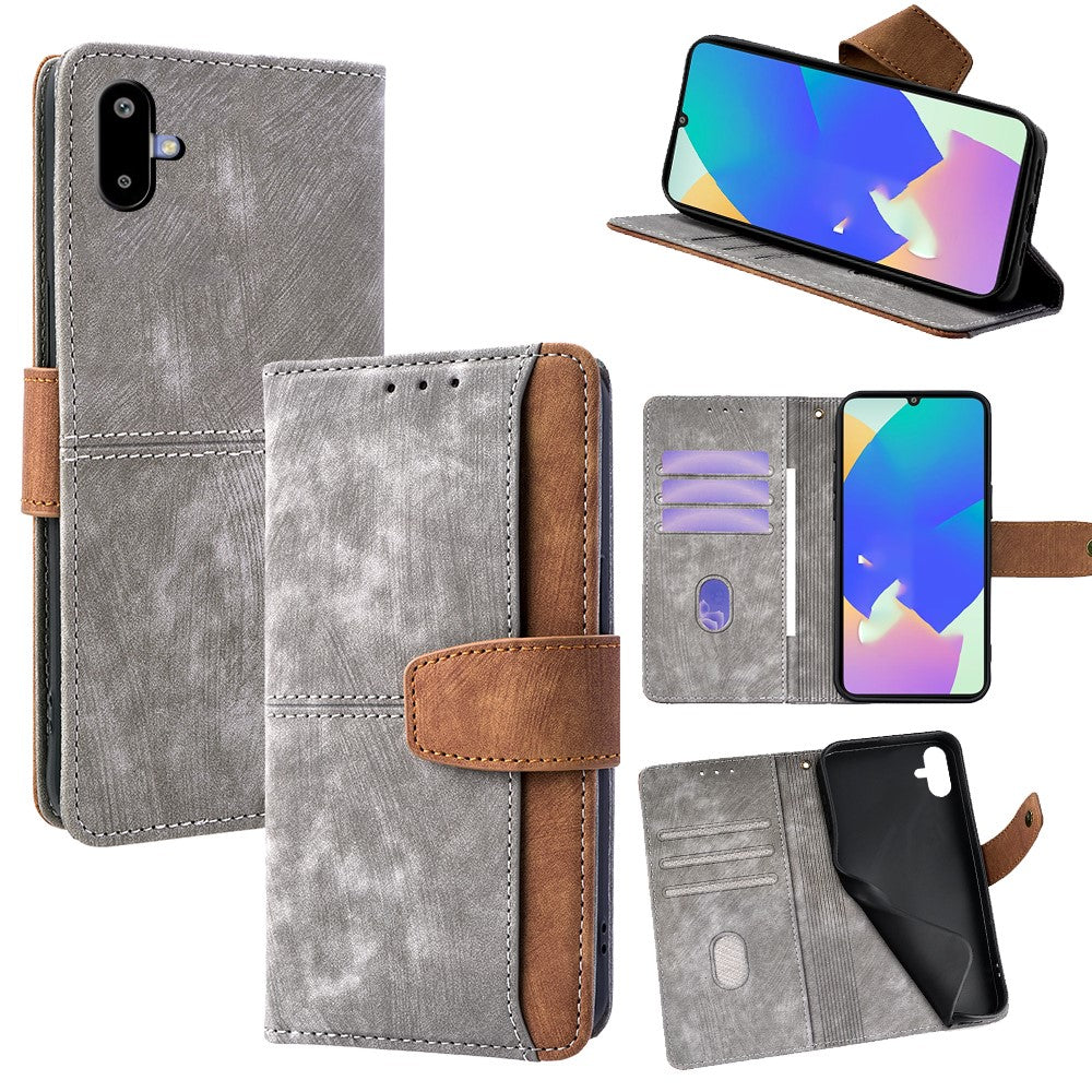 For Samsung Galaxy F06 5G Case RFID Blocking Color Splicing PU Leather Wallet Phone Cover - Grey