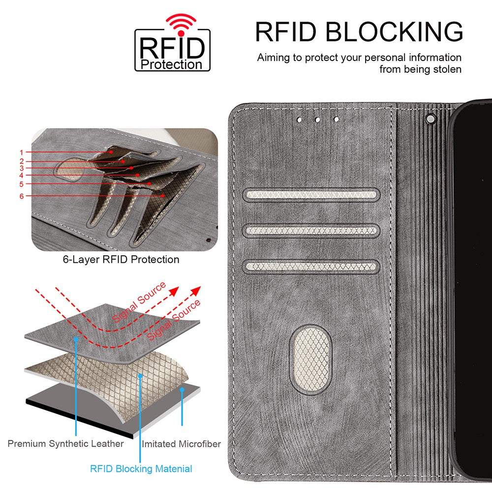 For Samsung Galaxy F06 5G Case RFID Blocking Color Splicing PU Leather Wallet Phone Cover - Grey