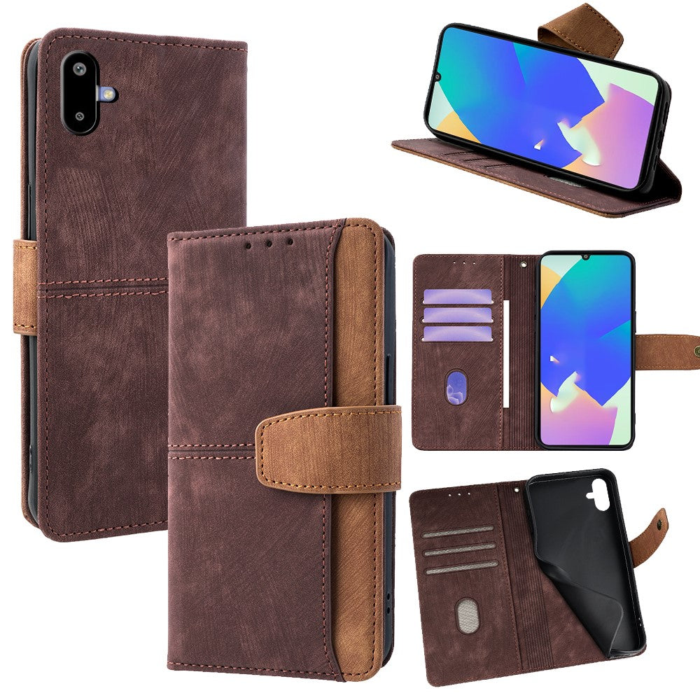 For Samsung Galaxy F06 5G Case RFID Blocking Color Splicing PU Leather Wallet Phone Cover - Brown
