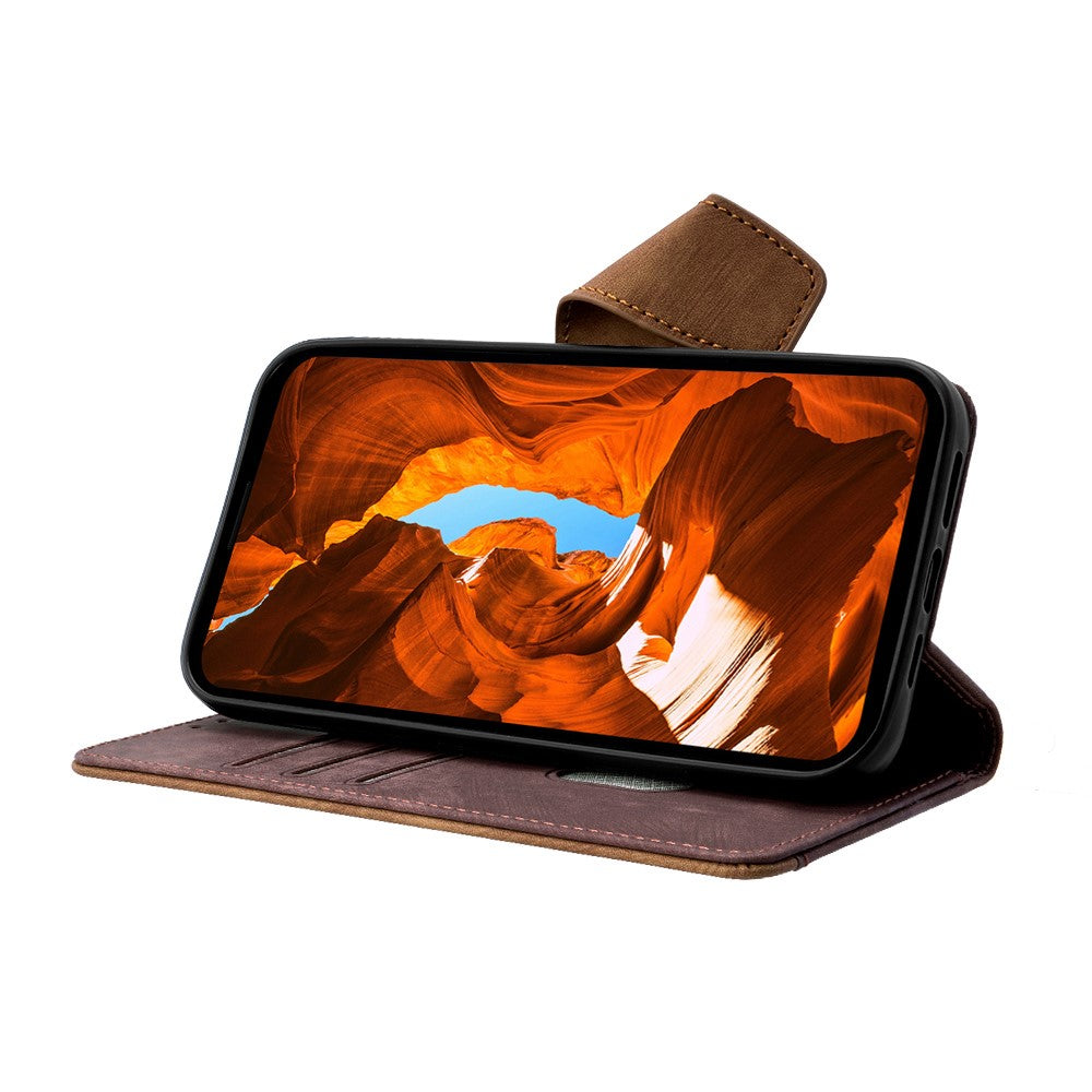 For Samsung Galaxy F06 5G Case RFID Blocking Color Splicing PU Leather Wallet Phone Cover - Brown