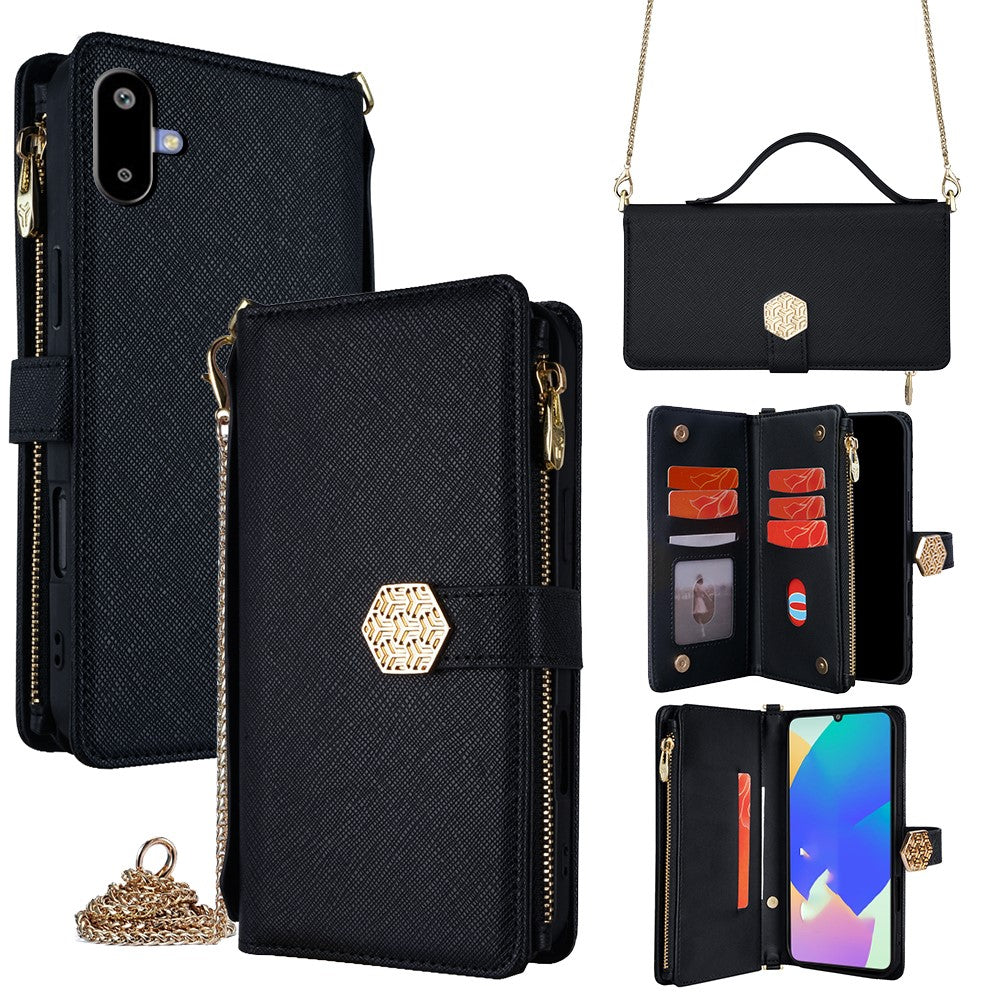 For Samsung Galaxy F06 5G Case Cross Texture PU Leather+TPU Wallet Phone Cover with Strap - Black