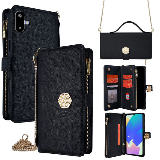 For Samsung Galaxy F06 5G Case Cross Texture PU Leather+TPU Wallet Phone Cover with Strap - Black