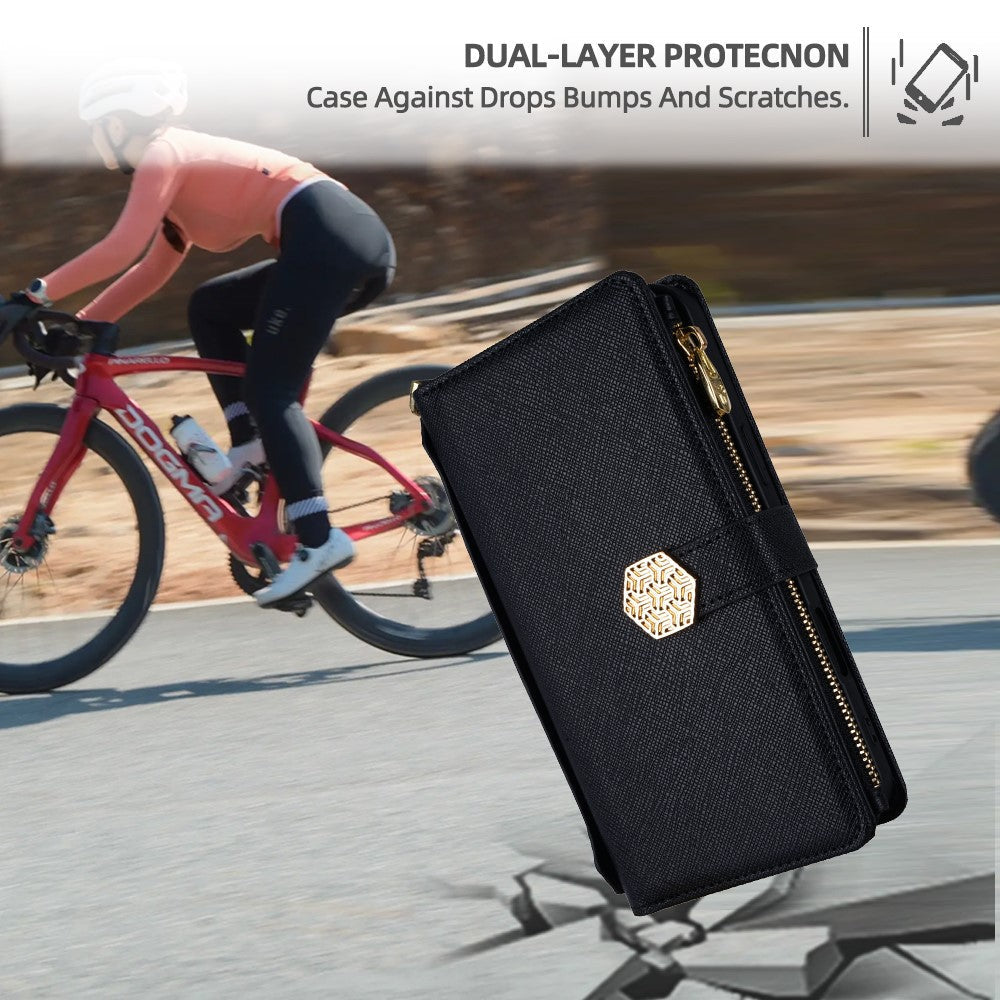 For Samsung Galaxy F06 5G Case Cross Texture PU Leather+TPU Wallet Phone Cover with Strap - Black