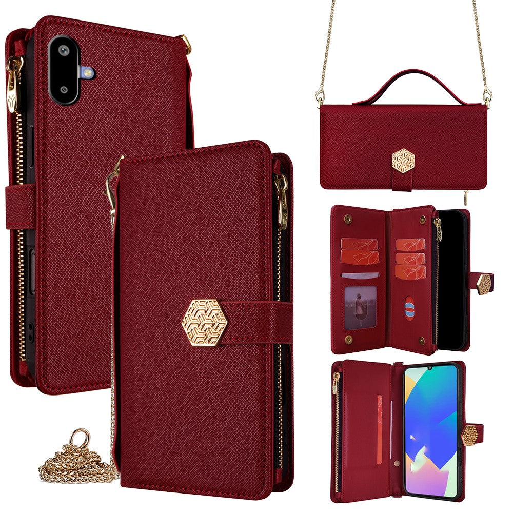 For Samsung Galaxy F06 5G Case Cross Texture PU Leather+TPU Wallet Phone Cover with Strap - Red