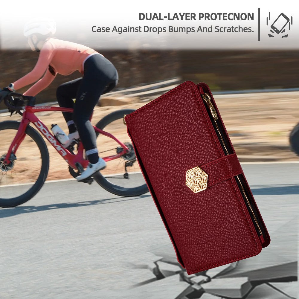For Samsung Galaxy F06 5G Case Cross Texture PU Leather+TPU Wallet Phone Cover with Strap - Red