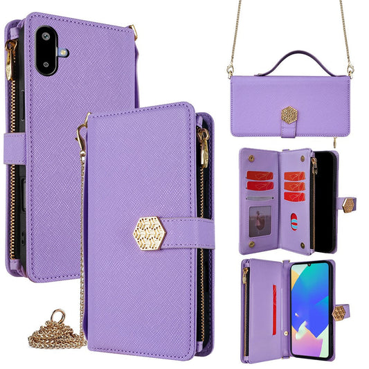 For Samsung Galaxy F06 5G Case Cross Texture PU Leather+TPU Wallet Phone Cover with Strap - Purple