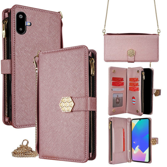 For Samsung Galaxy F06 5G Case Cross Texture PU Leather+TPU Wallet Phone Cover with Strap - Rose Gold