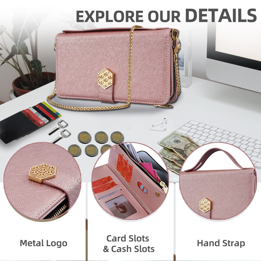 For Samsung Galaxy F06 5G Case Cross Texture PU Leather+TPU Wallet Phone Cover with Strap - Rose Gold