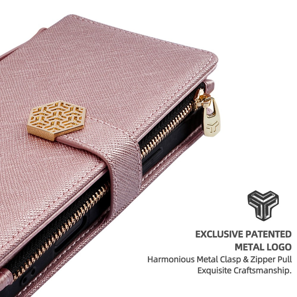 For Samsung Galaxy F06 5G Case Cross Texture PU Leather+TPU Wallet Phone Cover with Strap - Rose Gold
