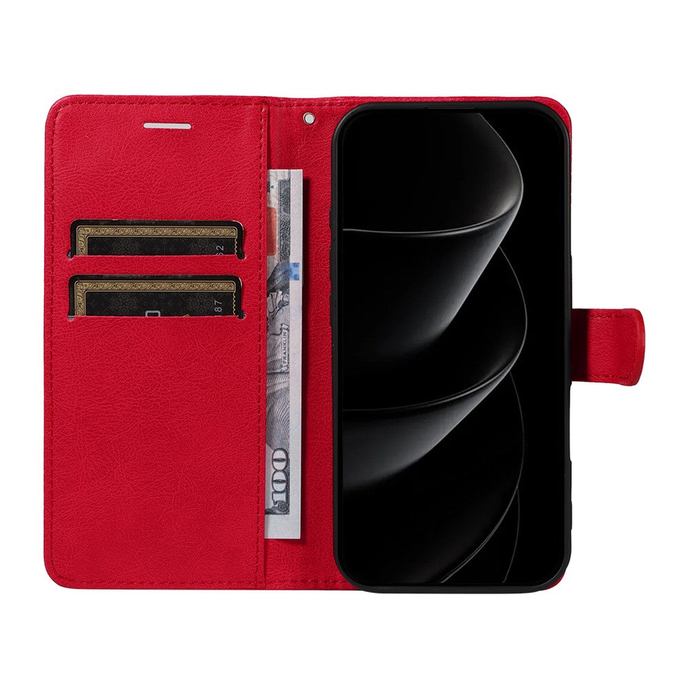 For iPhone 17 Pro Max Leather Wallet Case with Strap Solid Color Phone Stand Cover - Red