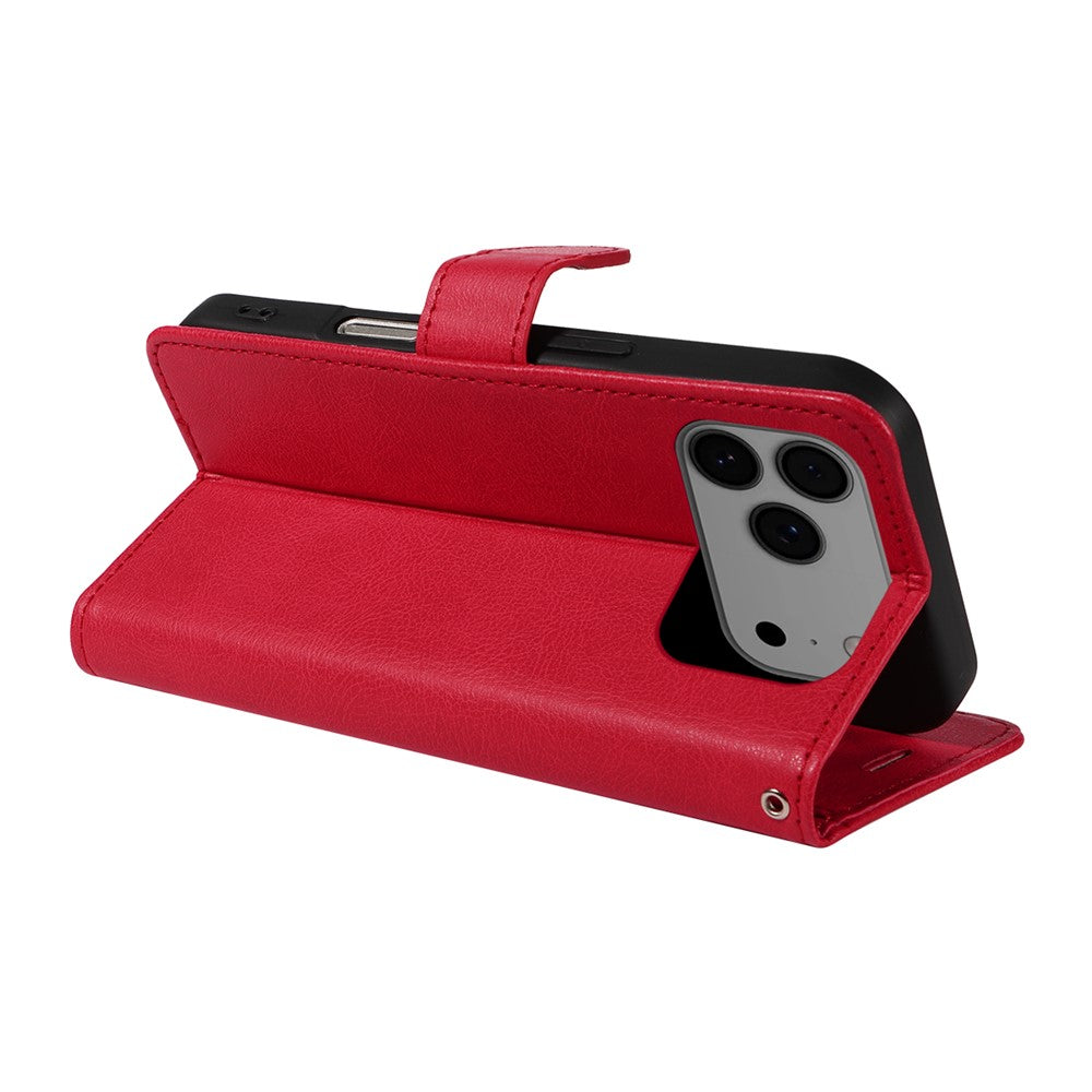 For iPhone 17 Pro Max Leather Wallet Case with Strap Solid Color Phone Stand Cover - Red