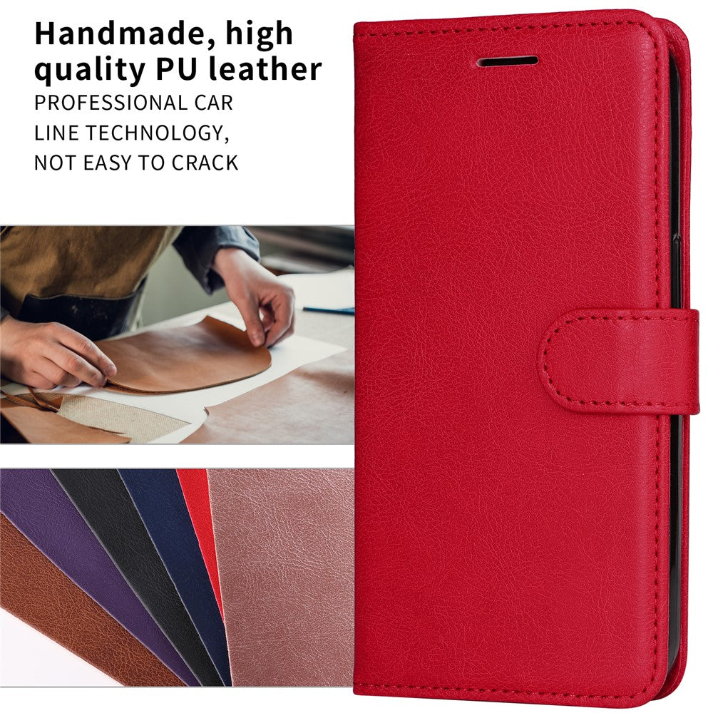 For iPhone 17 Pro Max Leather Wallet Case with Strap Solid Color Phone Stand Cover - Red