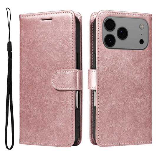 For iPhone 17 Pro Max Leather Wallet Case with Strap Solid Color Phone Stand Cover - Rose Gold