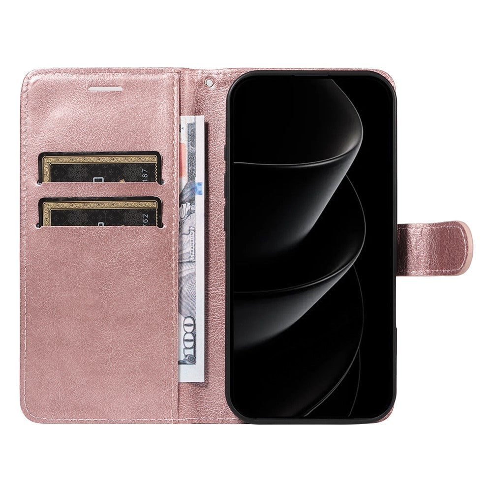 For iPhone 17 Pro Max Leather Wallet Case with Strap Solid Color Phone Stand Cover - Rose Gold