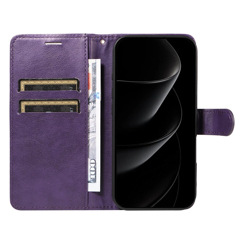 For iPhone 17 Pro Max Leather Wallet Case with Strap Solid Color Phone Stand Cover - Purple
