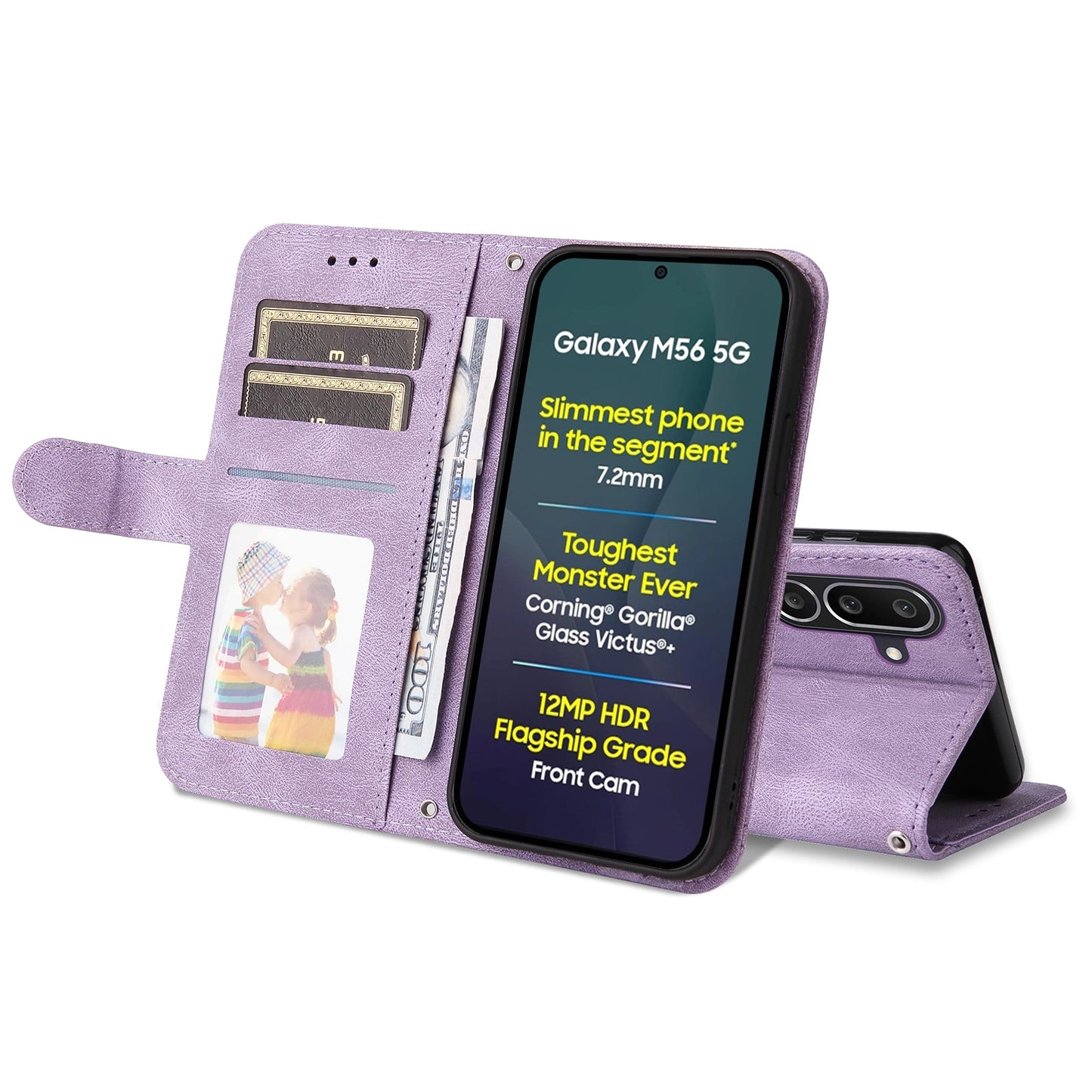 For Samsung Galaxy M56 5G Leather Wallet Cases Skin Touch Phone Cover Stand with Strap - Purple