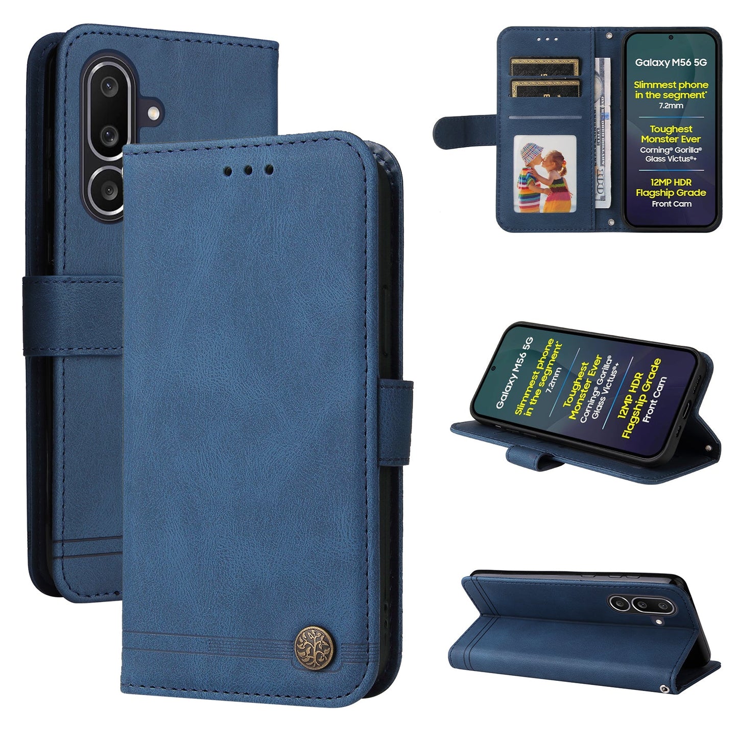 For Samsung Galaxy M56 5G Leather Wallet Cases Skin Touch Phone Cover Stand with Strap - Blue