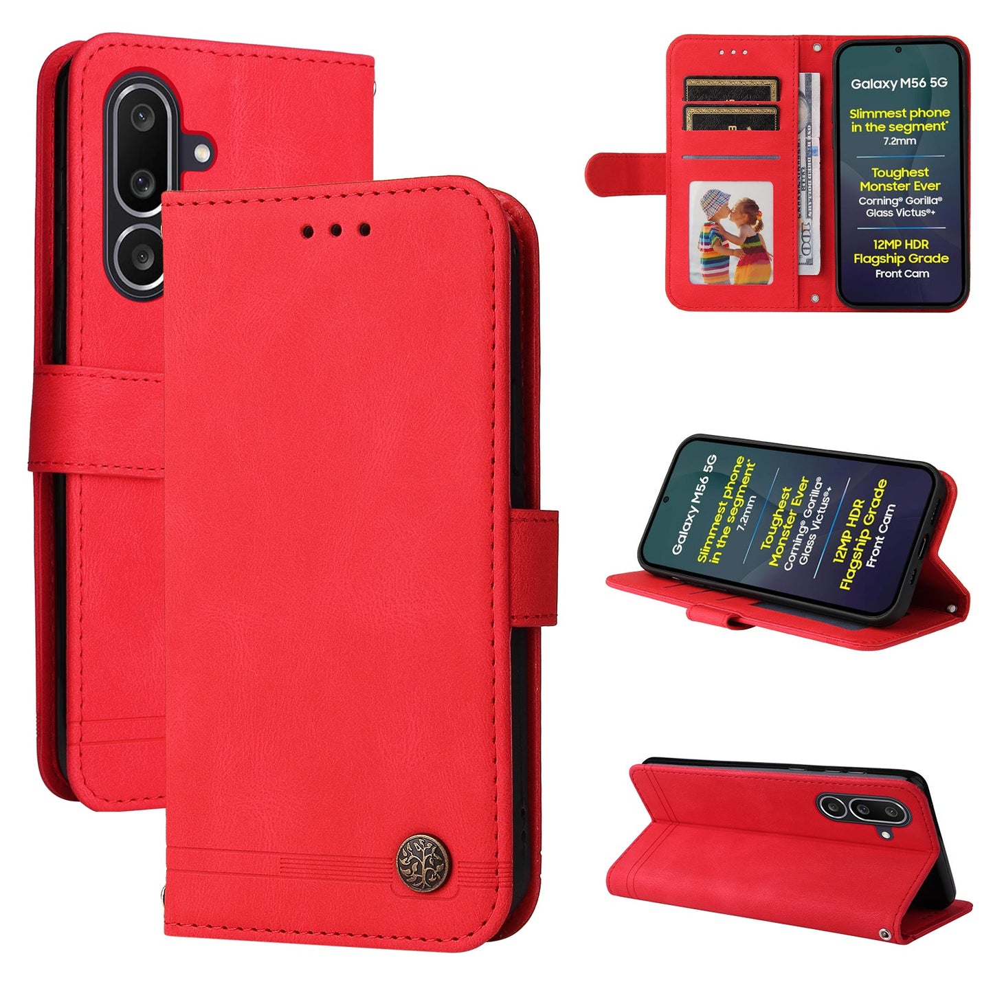For Samsung Galaxy M56 5G Leather Wallet Cases Skin Touch Phone Cover Stand with Strap - Red