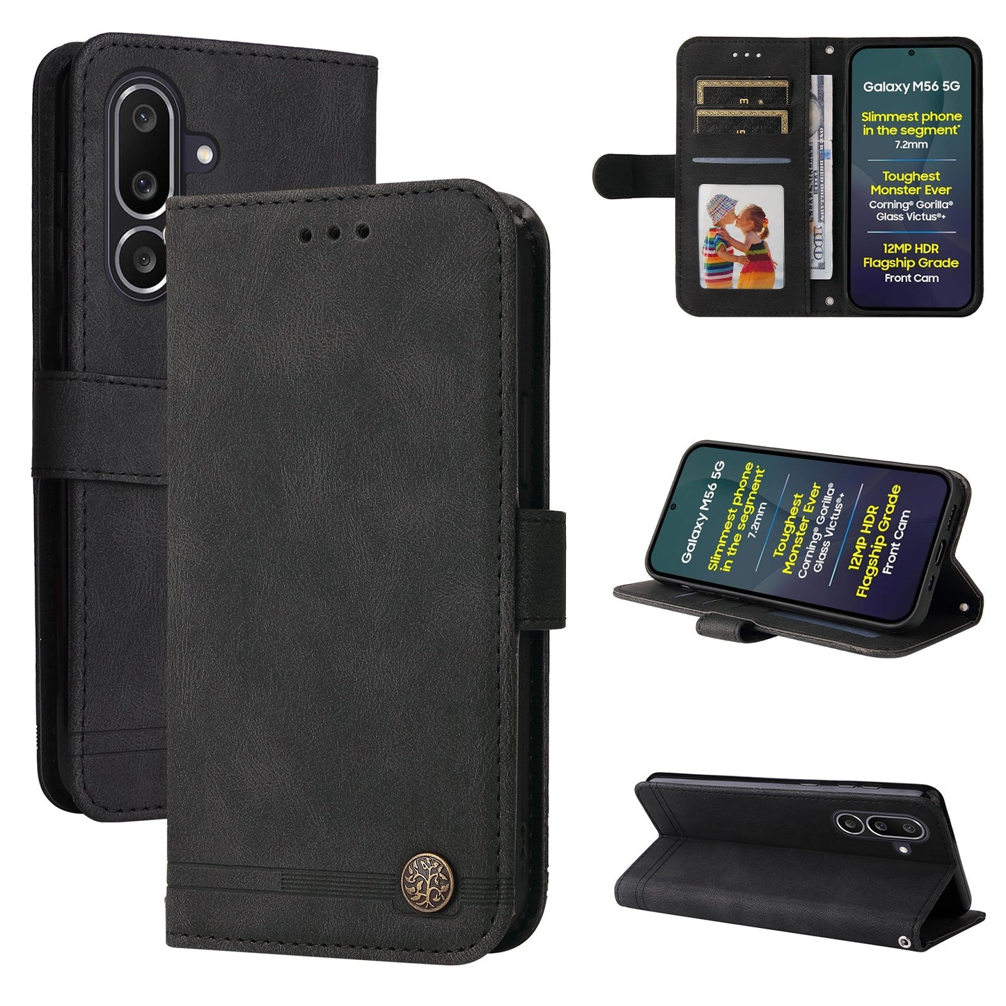 For Samsung Galaxy M56 5G Leather Wallet Cases Skin Touch Phone Cover Stand with Strap - Black