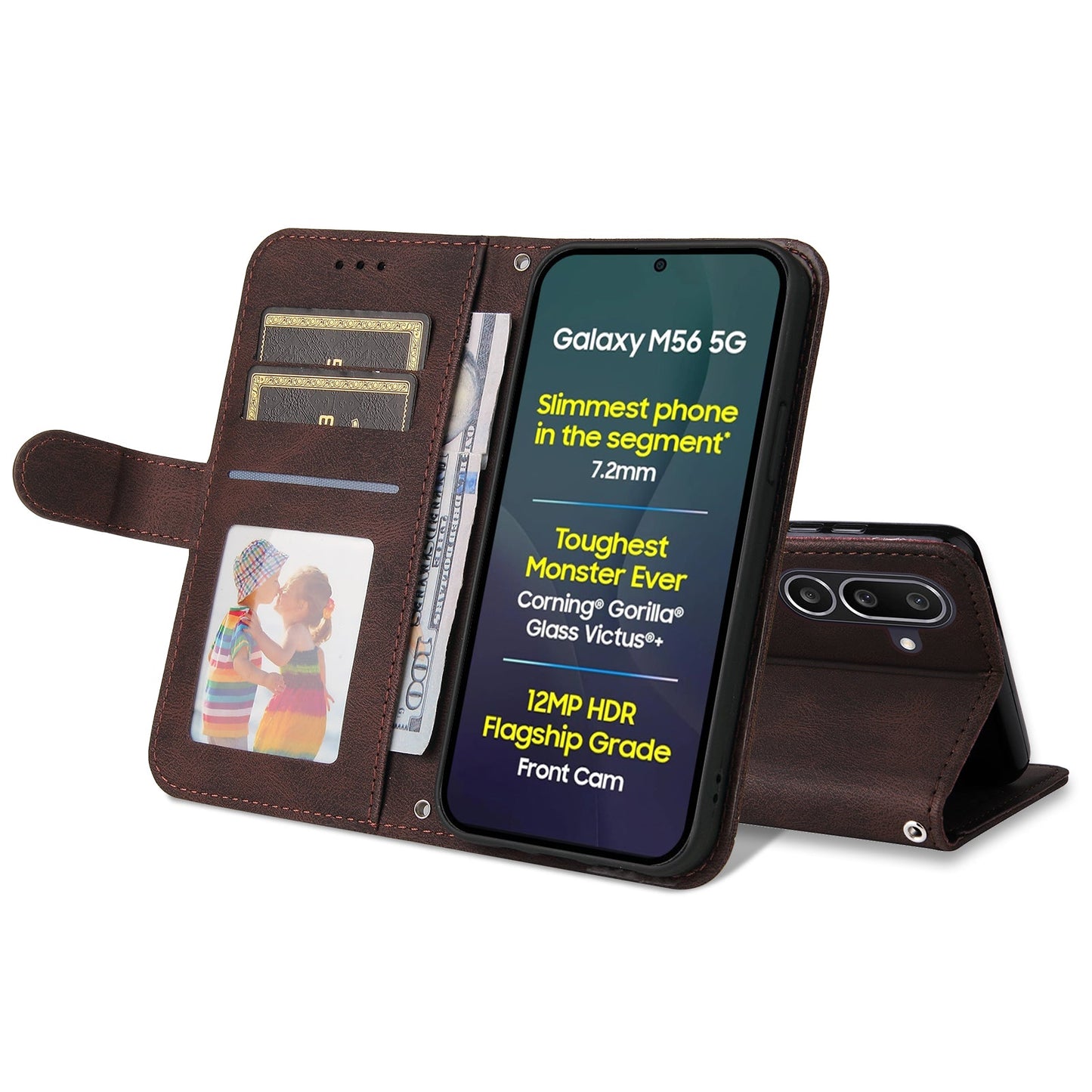 For Samsung Galaxy M56 5G Leather Wallet Cases Skin Touch Phone Cover Stand with Strap - Brown