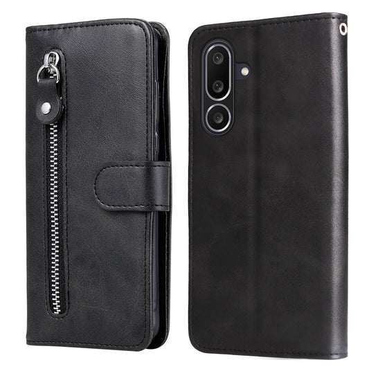 For Samsung Galaxy M56 5G PU Leather Cases with Zipper Pocket Wallet Phone Cover Stand - Black