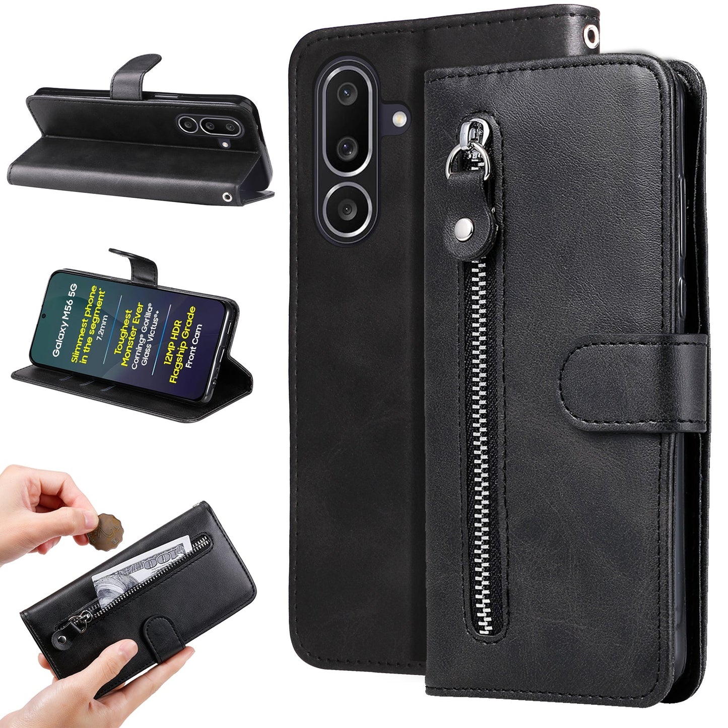 For Samsung Galaxy M56 5G PU Leather Cases with Zipper Pocket Wallet Phone Cover Stand - Black