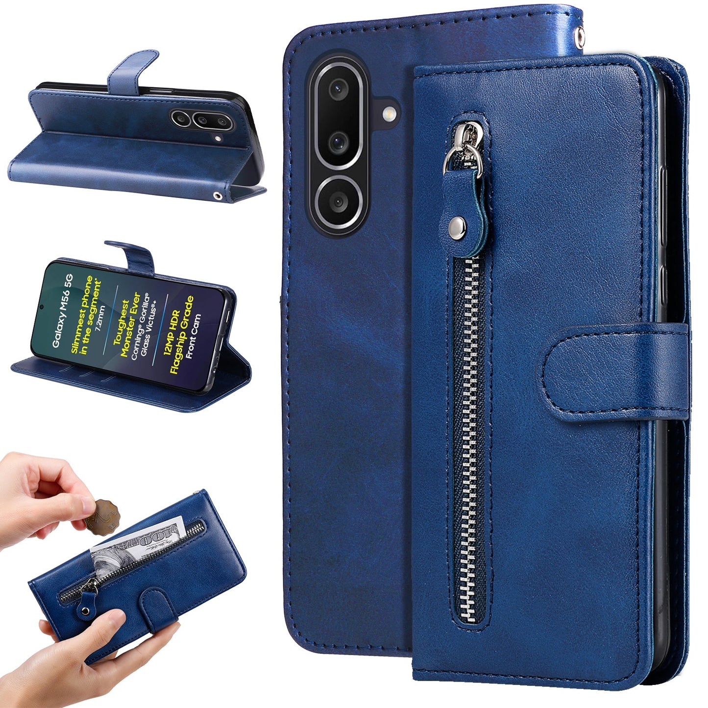 For Samsung Galaxy M56 5G PU Leather Cases with Zipper Pocket Wallet Phone Cover Stand - Blue