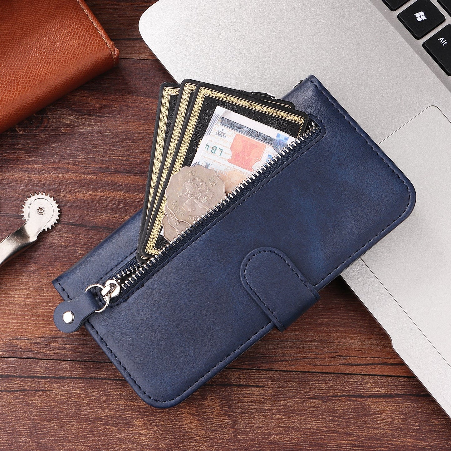 For Samsung Galaxy M56 5G PU Leather Cases with Zipper Pocket Wallet Phone Cover Stand - Blue