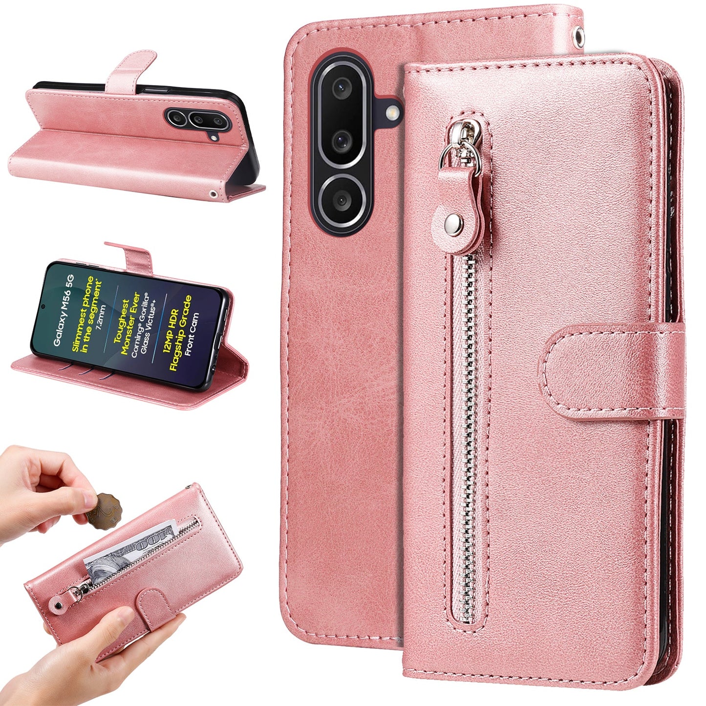 For Samsung Galaxy M56 5G PU Leather Cases with Zipper Pocket Wallet Phone Cover Stand - Pink