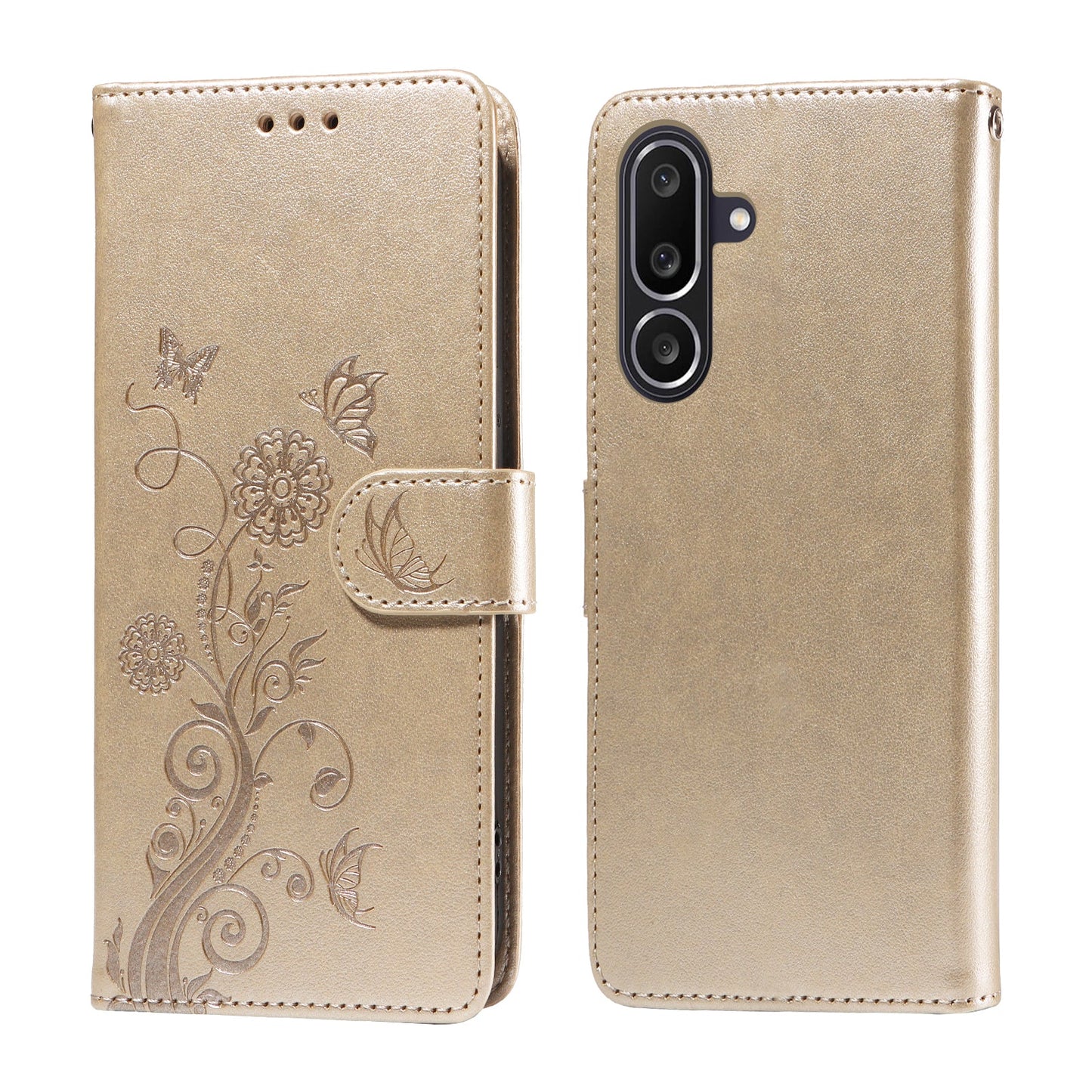For Samsung Galaxy M56 5G Leather Case Butterfly Floral Imprint Wallet Stand Cover - Golden