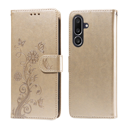 For Samsung Galaxy M56 5G Leather Case Butterfly Floral Imprint Wallet Stand Cover - Golden